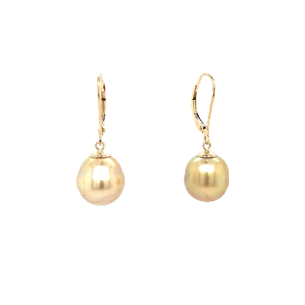 14K Yellow Gold Estate Golden South Sea Cultured Pearl Lever Back Earrings  