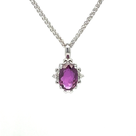 14K White Gold Estate 18inch Round Wheat Chain and Oval Pink Sapphire Pendant w/Diams=.03apx 2.6dwt