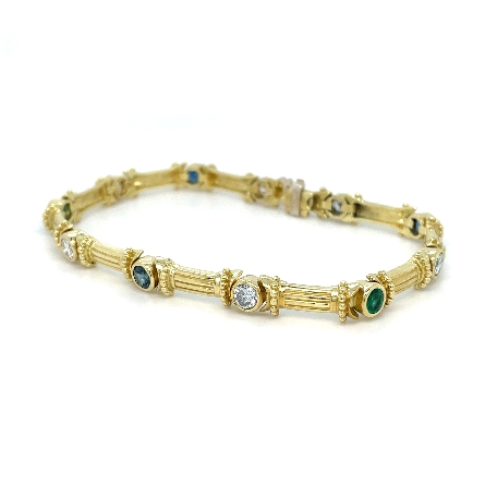 18K Yellow Gold Estate 7.75inch Bezel Set Fashion Bracelet w/2 Emeralds and 3 Sapphires and 6Diams=1.50apx VS H-I 14.3dwt