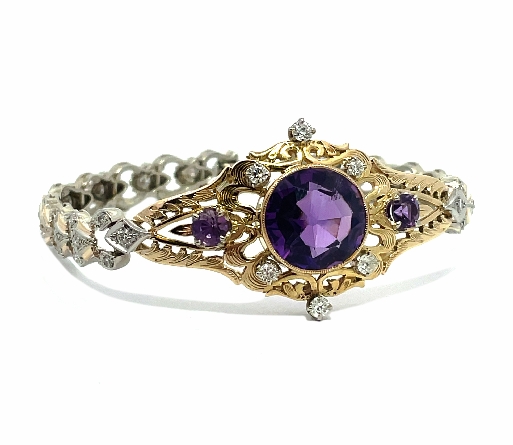 14K White and Yellow Gold Estate Amethyst Antique Style 7.5inch Bracelet w/55 Diams=1.50apx VS1-SI1 H-I 13.0dwt  