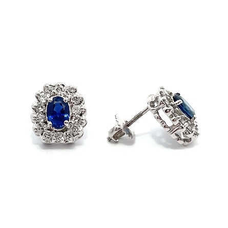 14K White Gold Estate Oval Blue Sapphire Halo Threaded Post Earrings w/28Diamonds=.70apx SI1-SI2 H-I 2.5dwt