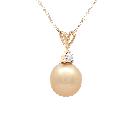 14K Yellow Gold Estate 10mm Golden South Sea Pearl Pendant w/1 Diam=.10apx I1 H-I and 19inch Thin Chain 1.6dwt
