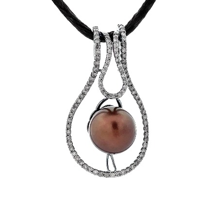 18K White Gold Black Rhodium and Sterling Silver Estate Freeform Enhanced Chocolate Pearl Pendant w/96 Brown Diams=.75ctw SI on 16inch Brown Satin Cord 4.8dwt 