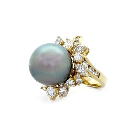 18K Yellow Gold Estate Grey Tahitian Pearl Prong and Channel Set Halo Ring Size5 w/3Baguette Diams=.25apx and 12Round Diams=.60apx and 6Marquise Diams=.80apx and 3Pear Diams=.40apx VS2-SI1 G-H 7.7dwt 
