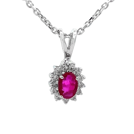 14K White Gold Estate Oval Ruby Halo Pendant on 18inch Cable Chain w/13Diams=.30 apx SI2-I1 H-I 4.0dwt