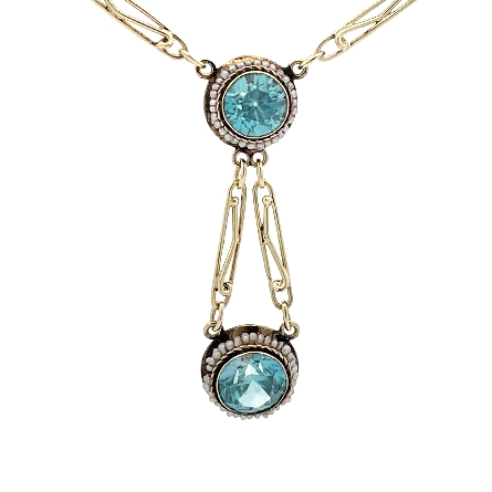 14K Yellow Gold Estate Blue Zircon and Seed Pearl Bezel Antique Style Station Drop 14inch Necklace 5.3dwt 