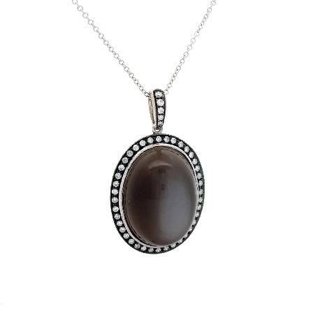 18K White Gold and Black Rhodium Estate Gray Moonstone Milgrain Halo Pendant w/Diams=.34apx SI G-H on 16inch Chain 5.6dwt 