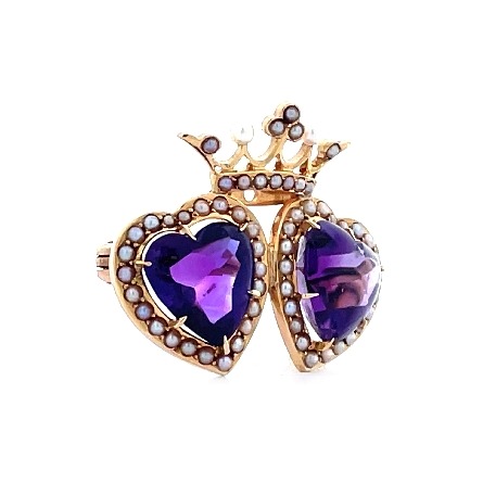 14K Yellow Gold Estate Amethyst and Seed Pearl Double Heart Crown Pin 3.1dwt