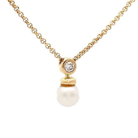 18K Yellow Gold Estate Akoya Pearl Bezel Set Drop Necklace 18inch w/1Diams=.10apx SI1 H 3.8dwt 