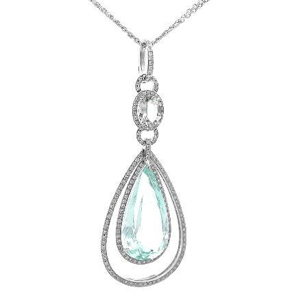 18K White Gold Estate Adjustable 16-18inch Double Chain Diamonds by the Yard Necklace and Aquamarine Enhancer Pendant w/169 Diams=.86apx I1 I-J 9.7dwt
