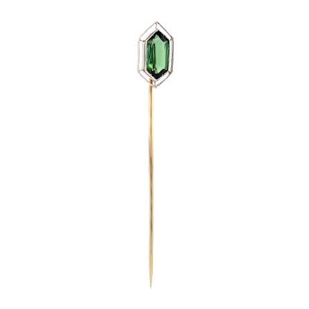 14K Yellow and White Gold Estate Green Tourmaline Hexagon Milgrain Edge Stick Pin 1.4dwt 