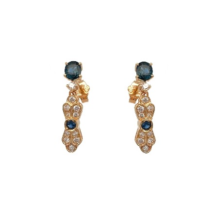 14K Yellow Gold Estate Sapphire Dangle Earrings w/Diams=.30apx SI1 H 1.4dwt
