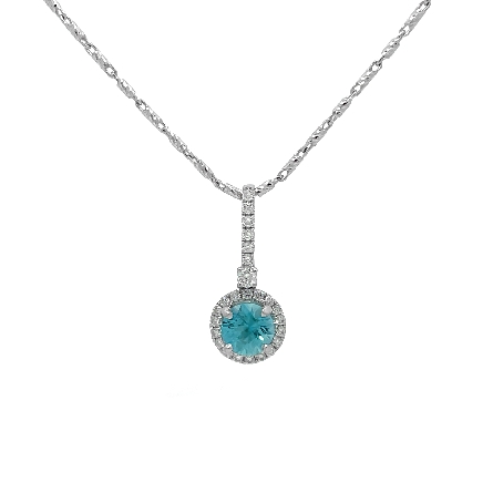 18K White Gold Estate Blue Zircon Halo Pendant w/Diams=.25apx SI H and 14K 18inch Diamond-cut Chain 4.2dwt