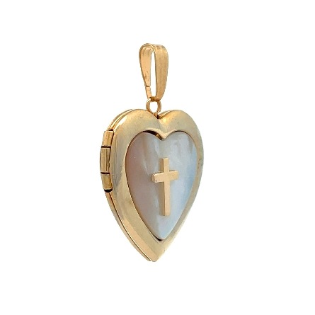 14K Yellow Gold Estate Mother of Pearl Heart and Cross Locket Pendant 2.1dwt