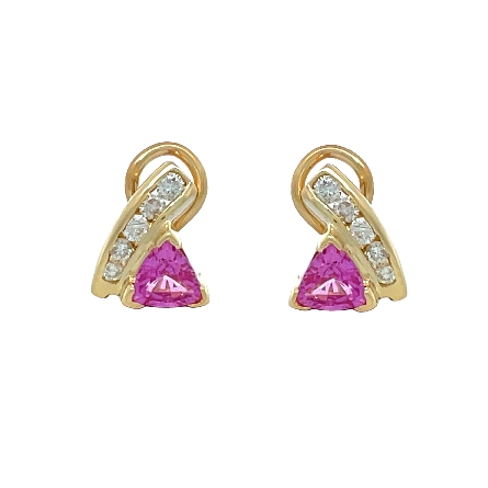 14K Yellow Gold Estate Pink Sapphire Trillion Channel Set Omega Back Earrings w/Diams=.42apx VS-SI H-I 3.0dwt