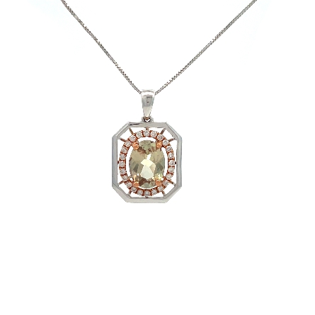 14K White and Yellow Gold Estate Green Zultanite Hexagon and Oval Double Halo Necklace w/24Diams=0.19apx I1 G-H 18inch 2.2dwt 