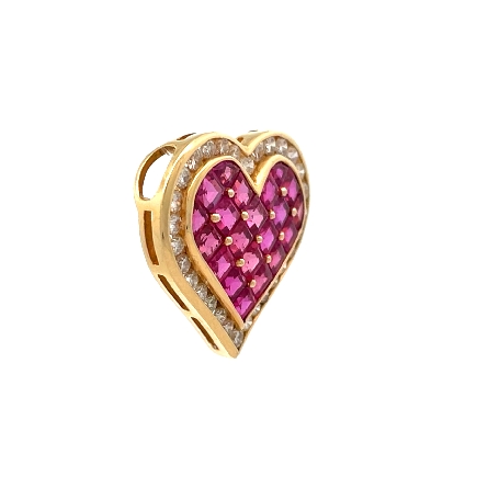 14K Yellow Gold Estate Ruby Channel Set Cluster Heart Pendant w/30Diams=0.75apx VS H-I 2.5dwt 