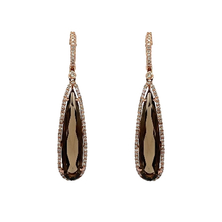14K Rose Gold Estate Pear Shaped Smokey Quarts Halo Drop Earrings w/138Diams=.60apx SI I 4.6dwt 