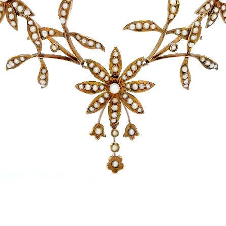 14K Yellow Gold Estate Seed Pearls Flower Trim Necklace 16.5inch 9.0dwt 