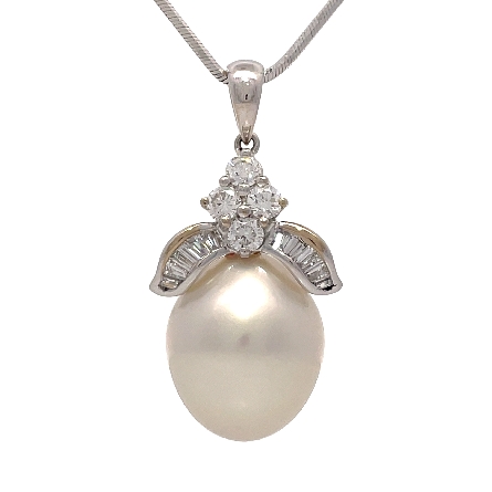 14K and 18K White Gold Estate Cultured Pearl Channel and Prong Set Pendant w/4Round Diams=0.28apx and 10Baguette Diams=0.16apx VS-SI H-I on 18inch Chain 5.8dwt 