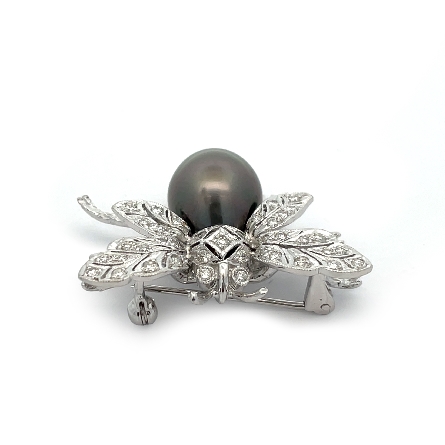 18K White Gold Estate Black Tahitian Pearl Milgrain Bee Pin w/42Diams=.74apx VS-SI G-H-I 5.5dwt  