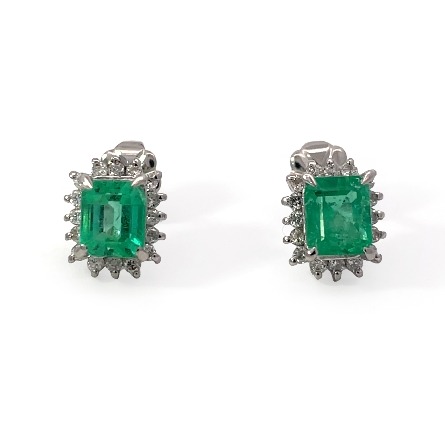 Platinum Estate Emerald Cut Emerald 4 Prong Halo Stud Earrings w/32Diams=0.32apx SI2-I1 I-J 2.1dwt
