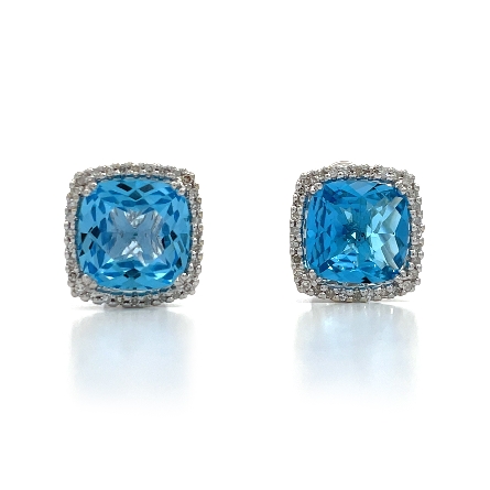 14K White Gold Estate Blue Topaz Cushion Halo Omega Back Earrings w/64 Single Cut Diams=0.38apx SI2-I2 J-L 4.2dwt