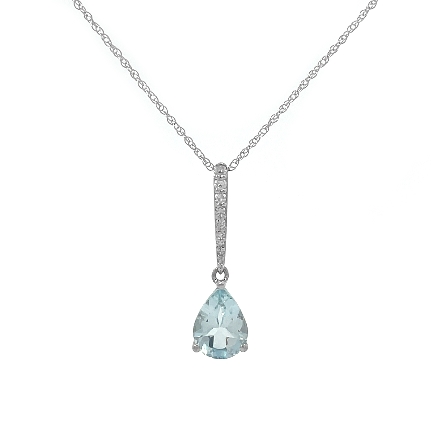 14K White Gold Estate Pear Shape Aquamarine Drop Necklace w/9Diams=0.05apx I1 I-J 18inch 0.8dwt