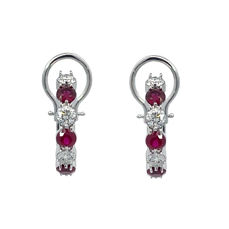 14K White Gold Estate Ruby Alternating Prong Set Half Hoop Omega Back Earrings w/8Diams=0.80apx I1 J 3.3dwt