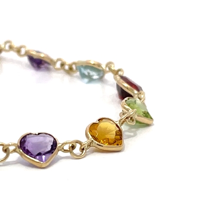 14K Yellow Gold Estate Multicolor Heart Bezel Set Link Bracelet 7inch 2.1dwt