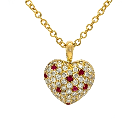 18K Yellow Gold Estate Ruby Pave Puff Heart Necklace w/62Diams=1.70apx SI H-I 16.5inch 8.2dwt 