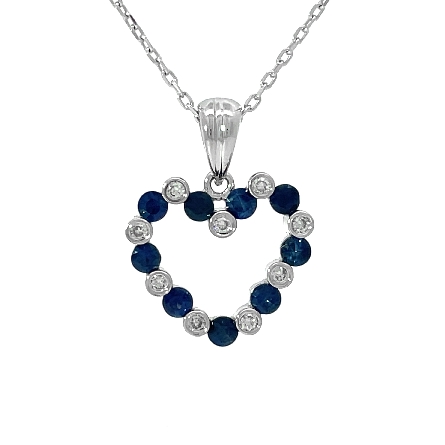 14K White Gold Estate 18inch Alternating Sapphire Heart Necklace w/9 Diams=.14apx I1 H-I 2.1dwt