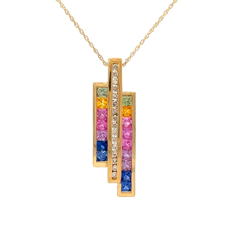 14K Yellow Gold Estate Multi Color Sapphire Vertical Channel Set Bar on Adjustable 16-18inch Necklace w/16Diams=.16apx I1 K-L Faint Brown 3.1dwt 
