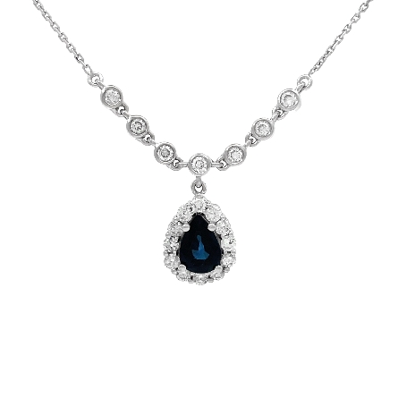 14K White Gold Estate Sapphire Prong and Bezel Set 16inch Halo Drop Necklace w/19Diams=.38apx I1 I-J 2.2dwt 