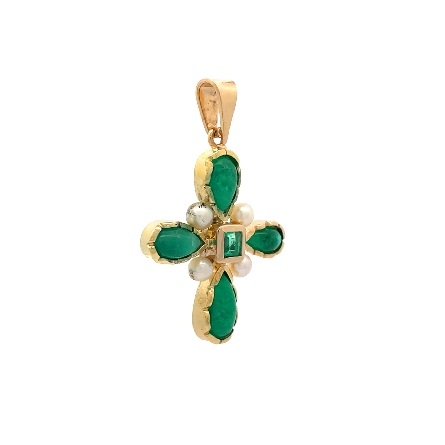 14K Yellow Gold Estate Bezel Set Emerald and Cultured Pearls Cross Pendant 3.9dwt 