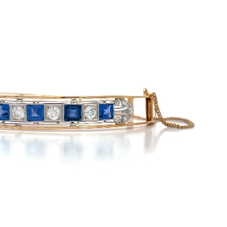 14K Yellow Gold and Platinum Estate Synthetic Sapphire Antique Style Milgrain Bezel Bangle Bracelet w/15Old European Diams=1.05apx SI H-I 12.6dwt
