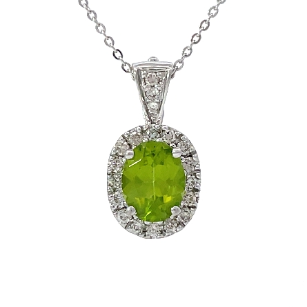 14K White Gold Estate Peridot Oval Halo Cushion Pendant  on 16inch Cable Chain w/19Diams=0.72apx SI2-I1 I-J  2.9dwt