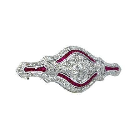 14K White Gold Estate Ruby Filigree Antique Style Pin w/129Diams=0.84apx SI-I1 H-I 4.1dwt