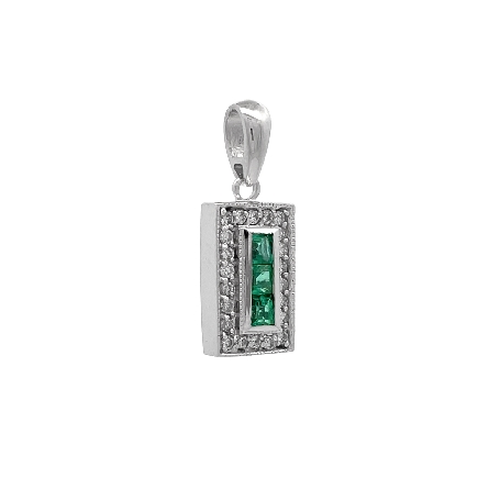 14K White Gold Estate Emerald Channel Set Milgrain Pendant w/22Diams=0.22apx I1-I2 I-J 1.9dwt