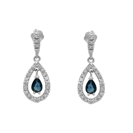 14K White Gold Estate Sapphire Dangle Halo Threaded Earrings w/42Single Cut Diams=0.42apx VS-SI I-J 2.7dwt