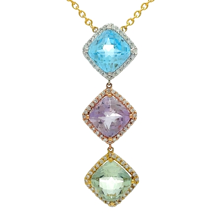 18K Yellow Gold Estate Topaz Amethyst and Quartz Triple Halo Square Drop Necklace w/88Diams=0.53apx VS G-H 18inch 6.8dwt