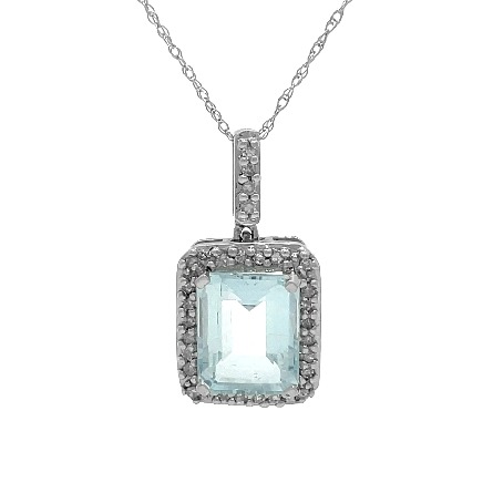14K White Gold Estate Aquamarine Emerald Cut Halo Pendant on Adjustable 16inch to 18inch Chain w/28Single Cut Diams=.14apx SI-I I-J-K  1.9dwt 