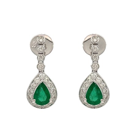 18K White Gold Estate Emerald Pear Shaped Halo Dangle Earrings w/34Diams=0.73apx VS G-H 3.4dwt