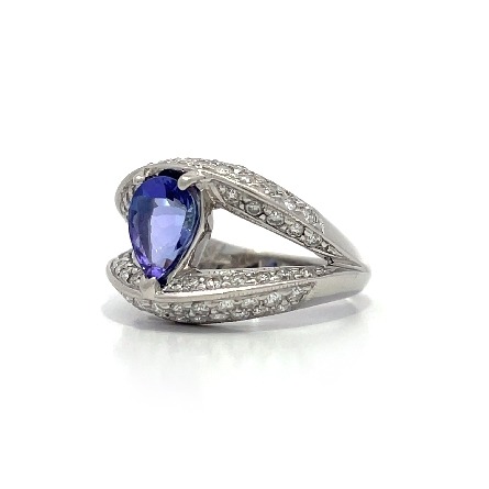 14K White Gold Estate Pear Shaped Tanzanite Pave Set Split Band w/72Diams=1.08apx SI2-I2 H-I-J Size6.5 3.3dwt