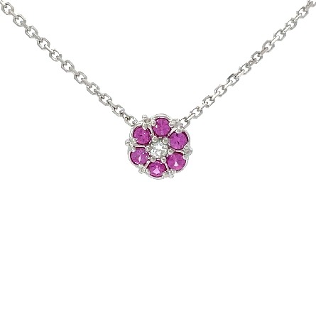 14K White Gold Estate Pink Sapphire Flower Cluster Station Necklace w/1D=0.06apx I1 IJ 16.25inch 2.2dwt