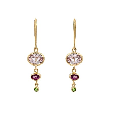 14K Yellow Gold Estate Multicolor Kunzite; Diffused Corundum and Demantoid Bezel Set Drop Earrings 2.5dwt
