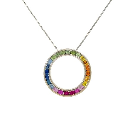 14K White Gold Estate Multicolor Sapphire Channel Set Circle Necklace 16inch 2.9dwt