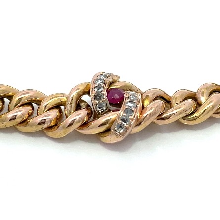 18K Yellow and Rose Gold Estate Pink Sapphire Curb Link Bracelet w/14 Rose Cut Diams=0.14apx I1 I 7.25in 11.0dwt