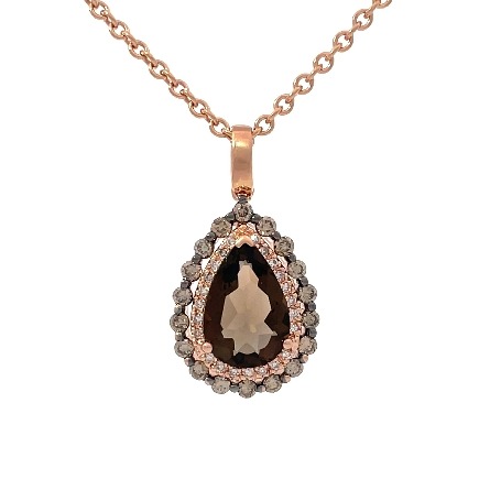 14K Rose and White Gold Estate Pear Shaped Smoky Quartz Double Halo Pendant w/18 Round Brilliant Cut Diams=0.52apx VS-SI Brown and 23Single Cut Diams=0.10apx VS-SI H-I on 20inch Link Chain 4.3dwt