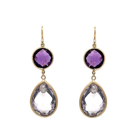 14K Yellow Gold Estate Amethyst Bezel Dangle Earrings w/4Diams=0.07apx VS2-I1 G-H 8.1dwt